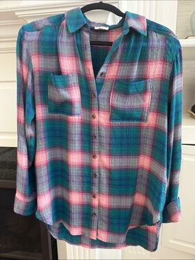 Pilcro Plaid Button-Down Oversized Shirt in Teal, Pink, Purple
